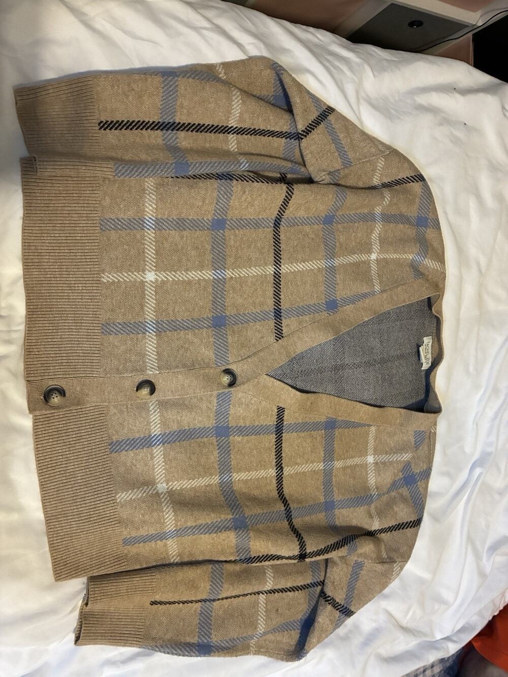 Rachel Zoe Tan And blue Plaid Cardigan Sz Xl